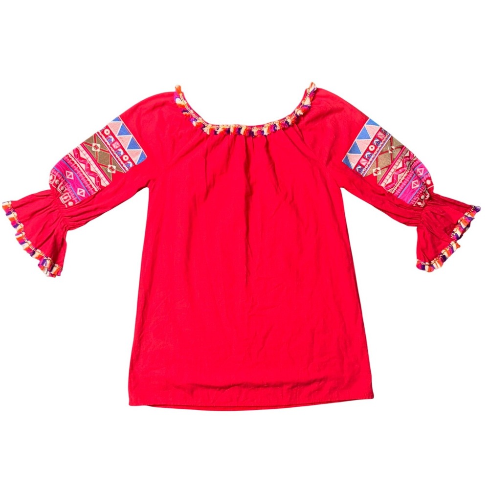 Velzera Womens Red Cotton Embroidered Boho Tassel Bell‎ Sleeve Tunic Top Size M
